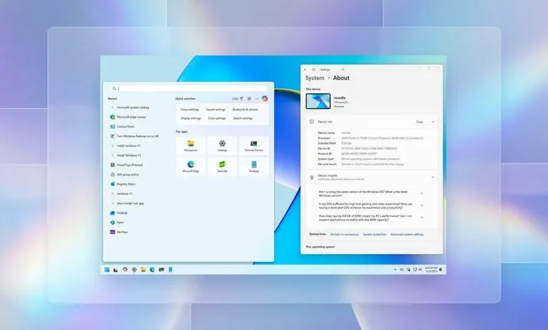Windows 11 desktop showing the Start Menu and System About settings.