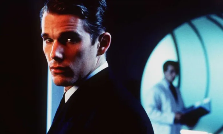 Ethan Hawke as Jerome Morrow in 'Gattaca', looking intensely over his shoulder.