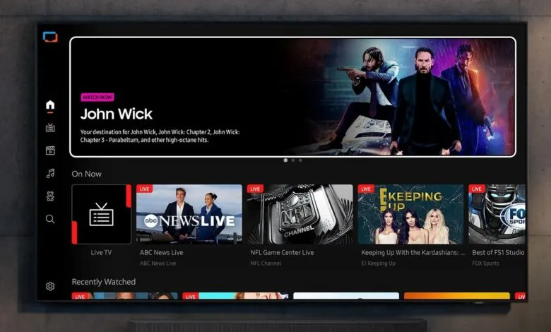 Smart TV displaying streaming app interface with 'John Wick' featured.