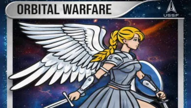 Cartoon of winged woman in armor holding sword and shield against space background.