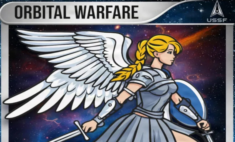 Cartoon of winged woman in armor holding sword and shield against space background.