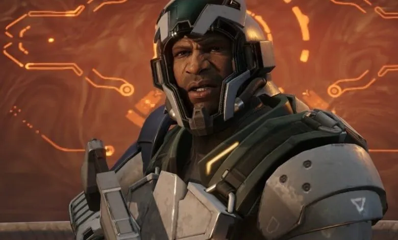 Character in futuristic armor with concerned expression, orange background.
