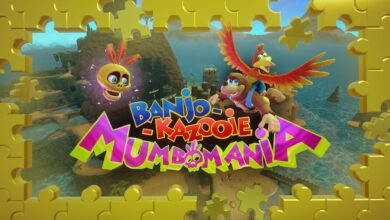 Banjo-Kazooie: Mumbo Mania game art featuring characters and puzzle border.