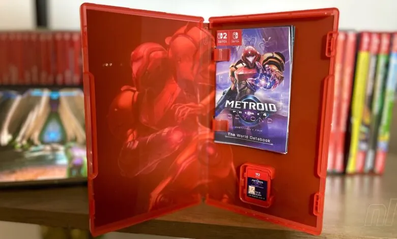Open Metroid Prime 4 Beyond game case with cartridge and databook.