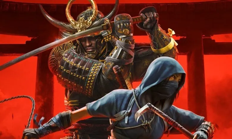 Samurai warrior and ninja stand ready against a red backdrop.