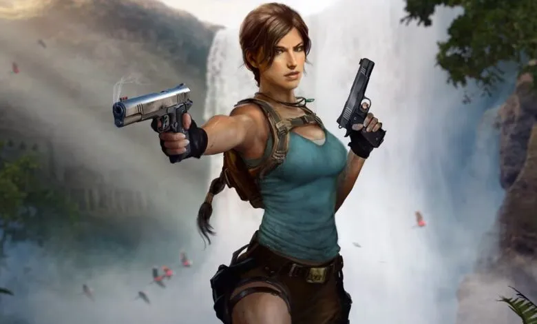 Lara Croft aims two pistols in a jungle setting with a waterfall.