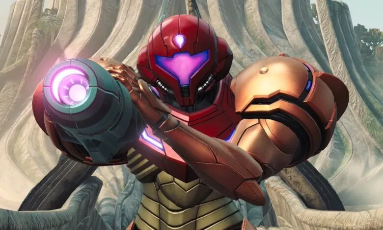 Samus Aran in Varia Suit, aiming her arm cannon, ready for action.