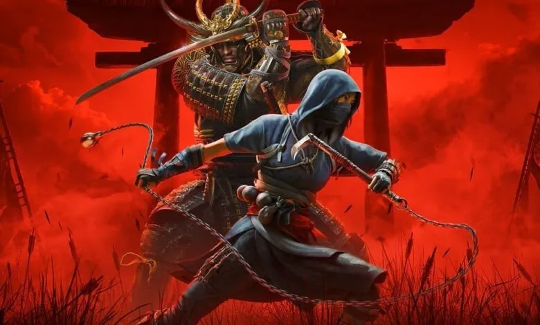 Samurai and ninja stand ready against a red backdrop, weapons drawn.