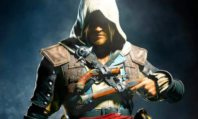 Assassin's Creed character in hood holding flintlock pistols.