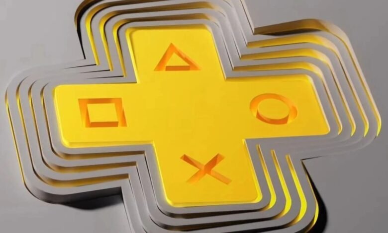 PlayStation Plus logo with layered design, featuring yellow symbols on gray background.