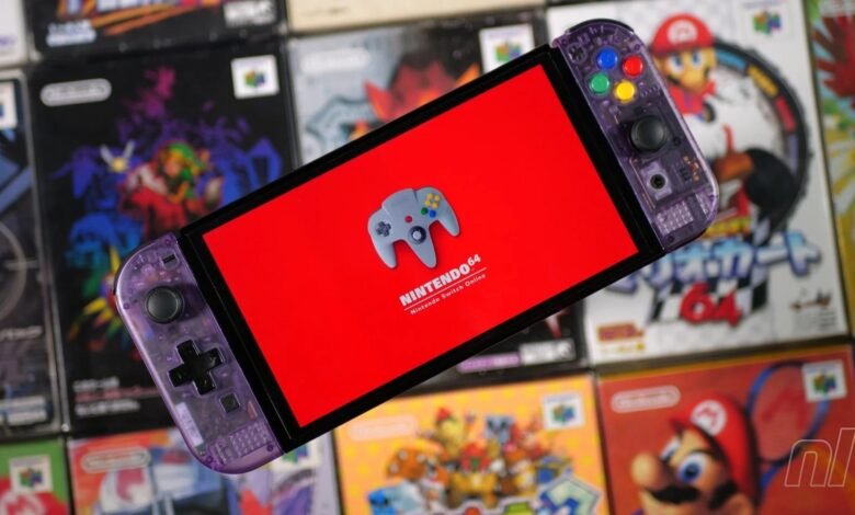 Nintendo Switch with N64 Online on screen, surrounded by N64 game boxes.