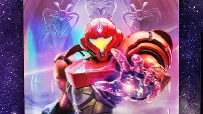 Samus Aran in her power suit reaches out against a cosmic background.