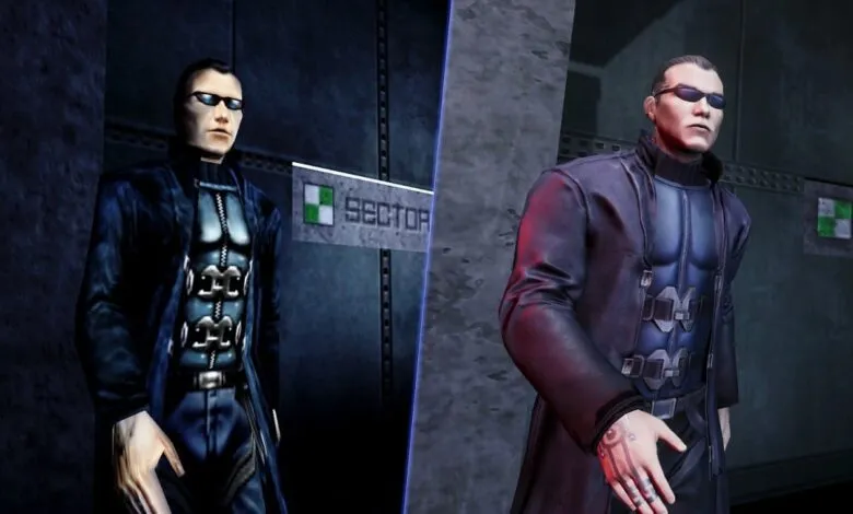 Two versions of JC Denton from Deus Ex in trench coats and sunglasses.