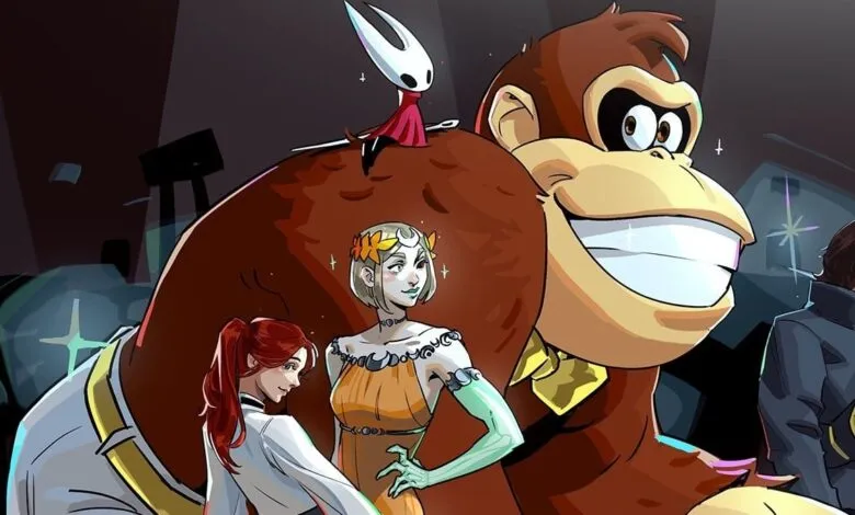 Fan art featuring characters from Hades, Hollow Knight, and Donkey Kong.