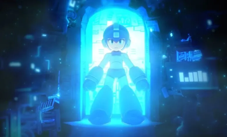 Mega Man stands in a glowing blue portal, ready for action.