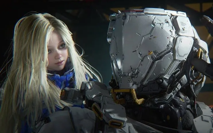 Blonde woman looks at a robot with white armor in a close-up shot.