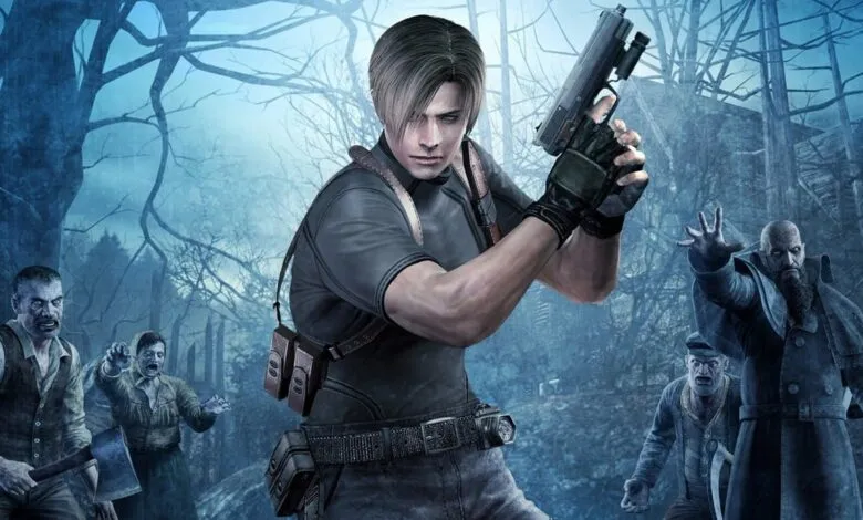 Leon S. Kennedy aims his pistol amidst a horde of zombies in a spooky forest.