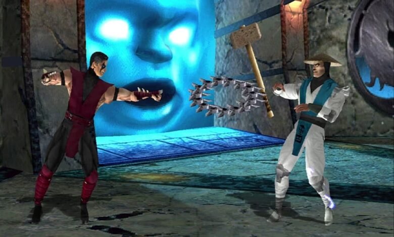 Mortal Kombat scene: Ermac vs. Raiden in a blue-lit arena.