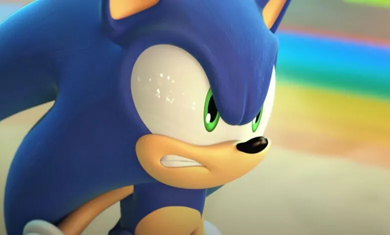 Close-up of Sonic the Hedgehog with an intense, determined expression.