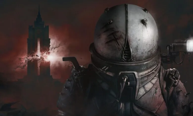 Astronaut in damaged suit stands before crumbling city, red sky.