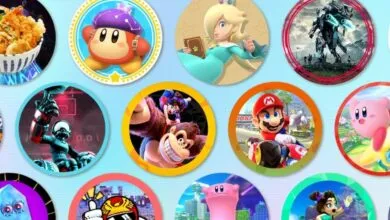 Collection of circular icons featuring video game characters and food on a blue background.