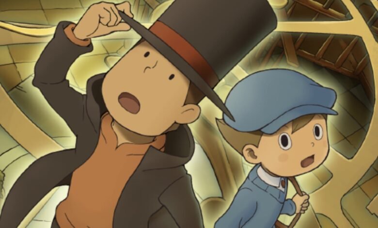 Professor Layton and Luke Triton looking surprised in an animated scene.