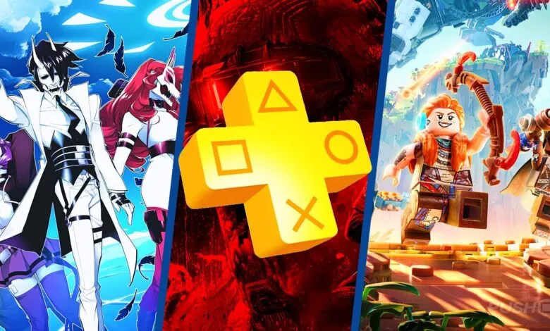 PlayStation Plus games showcase with anime, logo, and LEGO Horizon characters.