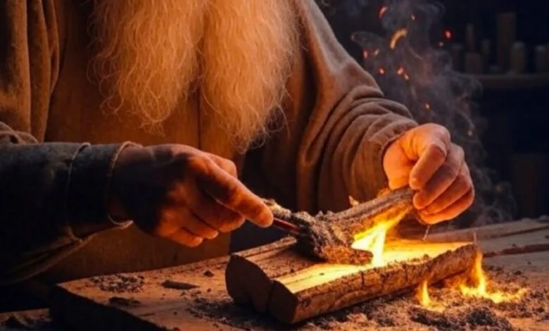 Man with beard ignites wood with a tool, creating sparks and smoke.