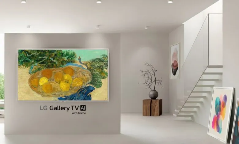 LG Gallery TV displaying a Van Gogh painting in a modern, minimalist living room.
