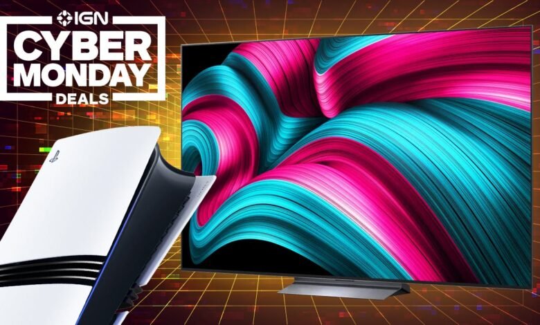 Cyber Monday deals featuring a PlayStation 5 and a large screen TV.
