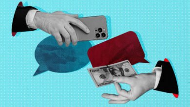 Hands exchange money and a phone with speech bubbles on a dotted background.