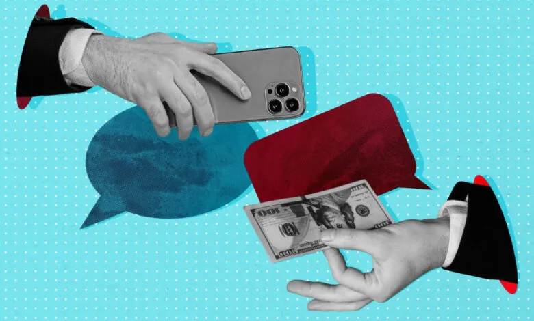 Hands exchange money and a phone with speech bubbles on a dotted background.