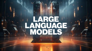 Futuristic server room with 'Large Language Models' text overlay.