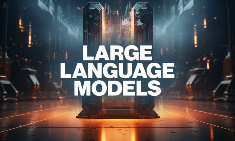 Futuristic server room with 'Large Language Models' text overlay.