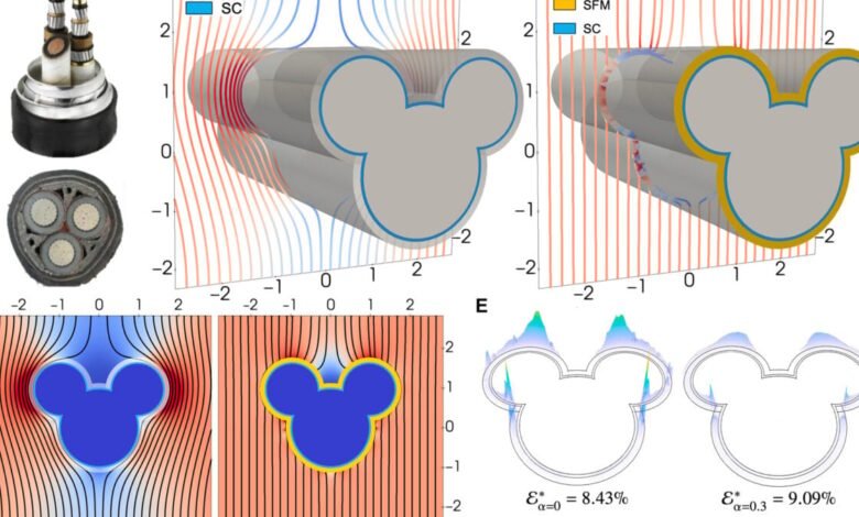 Diagrams showing magnetic cloaking around a Mickey Mouse shape, with field lines.