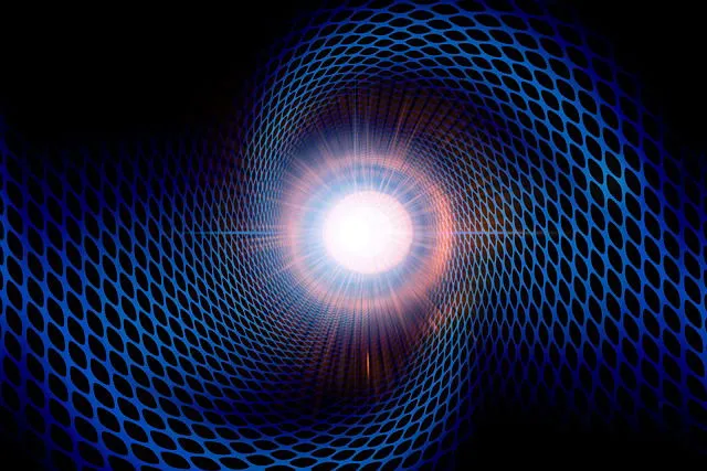 Abstract tunnel with blue grid pattern converging to a bright light.