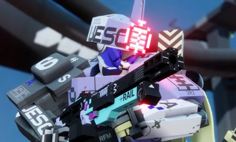 Detailed view of a futuristic, robotic character with a weapon.