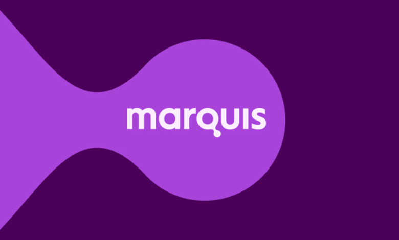 Marquis logo in white on purple background.