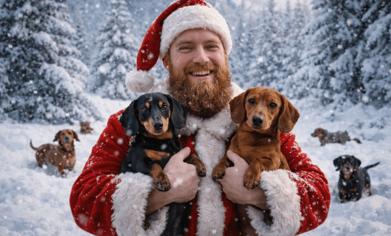 Smiling man in Santa suit holds two dachshunds in snowy forest.