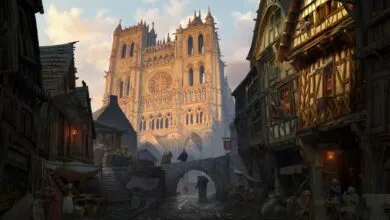 Concept art of a medieval town with a large cathedral in the background.