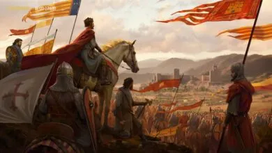 Illustration of El Cid and his army before battle, flags waving, castle in background.