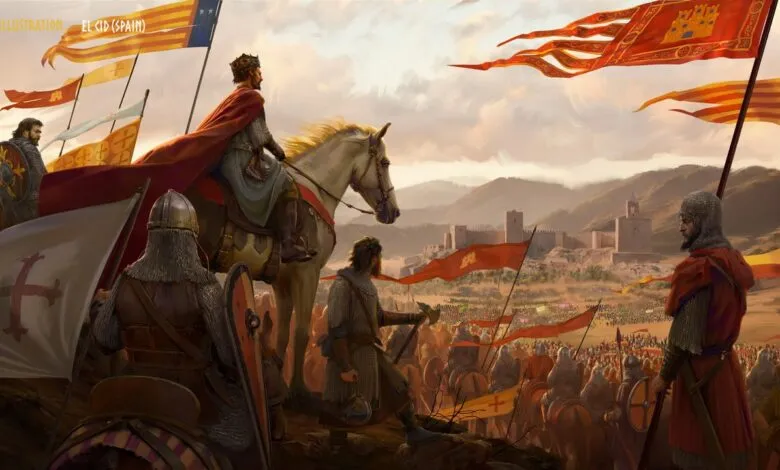 Illustration of El Cid and his army before battle, flags waving, castle in background.