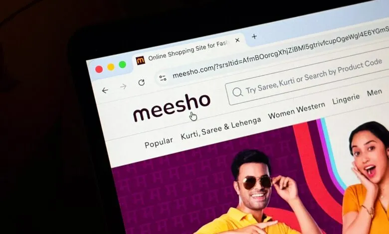 Meesho website displayed on a screen, featuring fashion products.