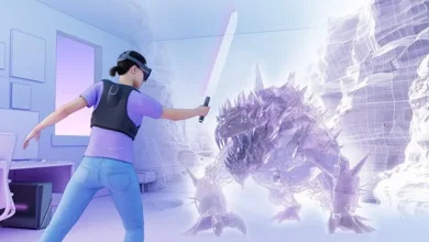 Person wearing VR headset fights digital monster with lightsaber.