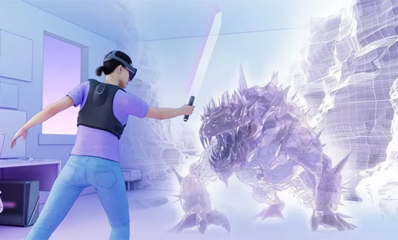 Person wearing VR headset fights digital monster with lightsaber.