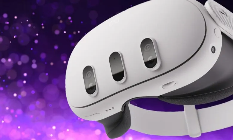 Close-up of a white Meta Quest 3 VR headset with multiple cameras.