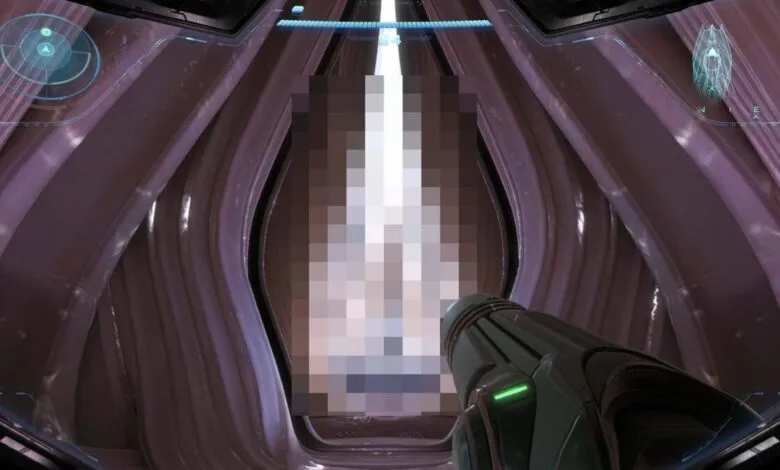 First-person view of a pixelated doorway in a futuristic, purple-toned corridor.