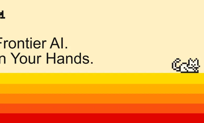 Mistral AI branding with pixelated cat and sunset color bands.