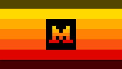 Retro pixel art with horizontal color bands and central character.