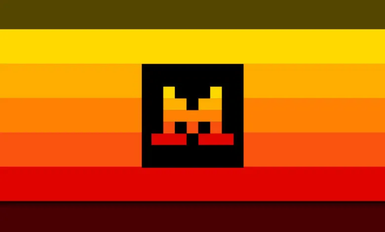 Retro pixel art with horizontal color bands and central character.